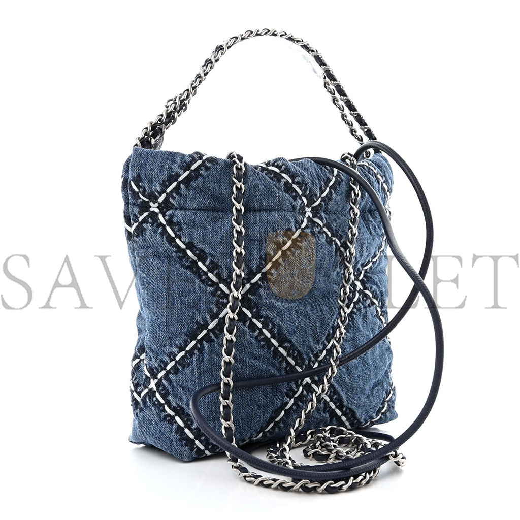 CHANEL STITCHED DENIM QUILTED MINI CHANEL 22 BLUE (19*18*6cm)