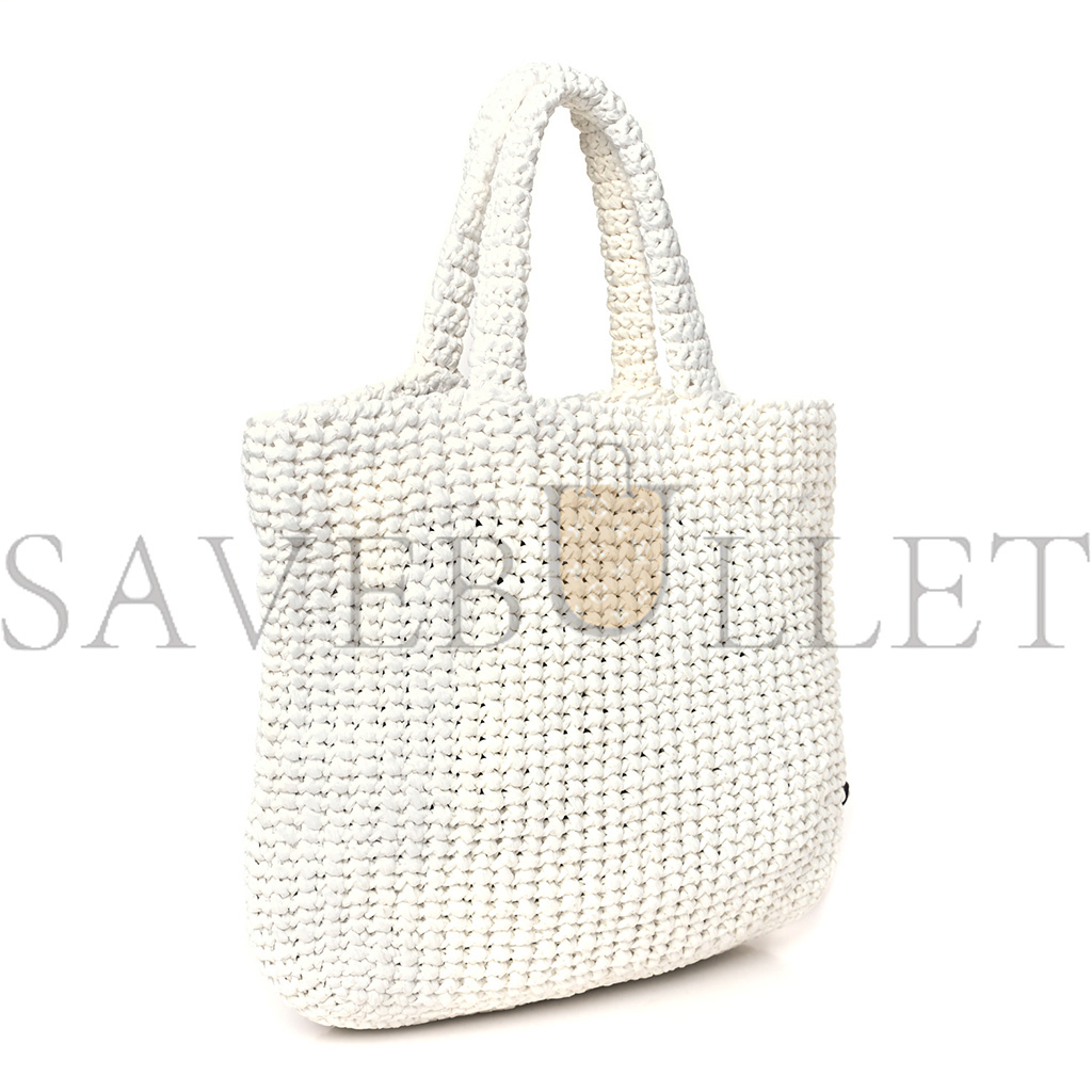 PRADA YARN RAFFIA EFFECT CROCHET EMBROIDERED SMALL LOGO TOTE WHITE (25*23*8cm)