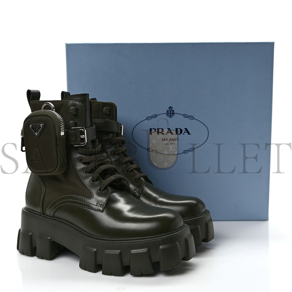 PRADA SPAZZOLATO ROIS RE-NYLON METAL TRIANGLE LOGO MONOLITH POUCH POCKET 55MM BOOTS 38 MILITARE PRADA SPAZZOLATO ROIS RE-NYLON METAL TRIANGLE LOGO MONOLITH POUCH POCKET 55MM BOOTS 38 MILITARE