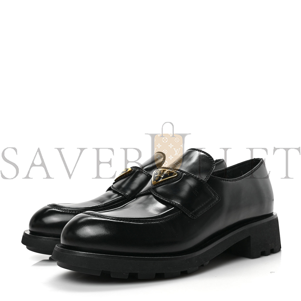 PRADA SPAZZOLATO METAL TRIANGLE LOGO 50MM LUG SOLE LOAFERS 39 BLACK PRADA SPAZZOLATO METAL TRIANGLE LOGO 50MM LUG SOLE LOAFERS 39 BLACK