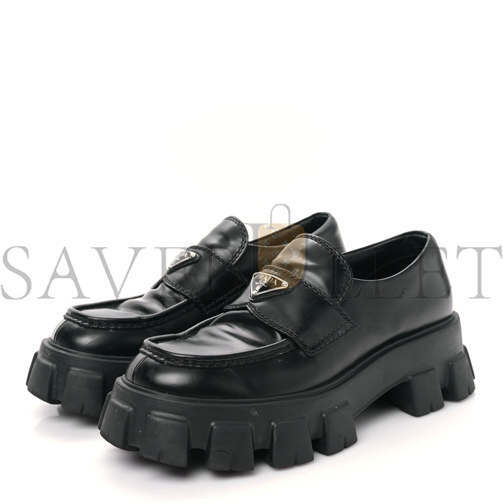 PRADA SPAZZOLATO ROIS METAL TRIANGLE LOGO MENS MONOLITH 55MM LOAFERS 6 BLACK PRADA SPAZZOLATO ROIS METAL TRIANGLE LOGO MENS MONOLITH 55MM LOAFERS 6 BLACK