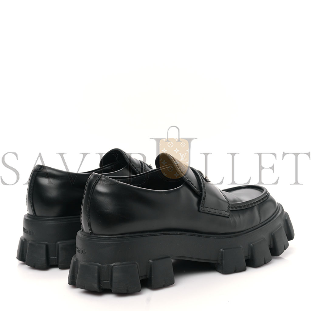 PRADA SPAZZOLATO ROIS METAL TRIANGLE LOGO MENS MONOLITH 55MM LOAFERS 6 BLACK PRADA SPAZZOLATO ROIS METAL TRIANGLE LOGO MENS MONOLITH 55MM LOAFERS 6 BLACK