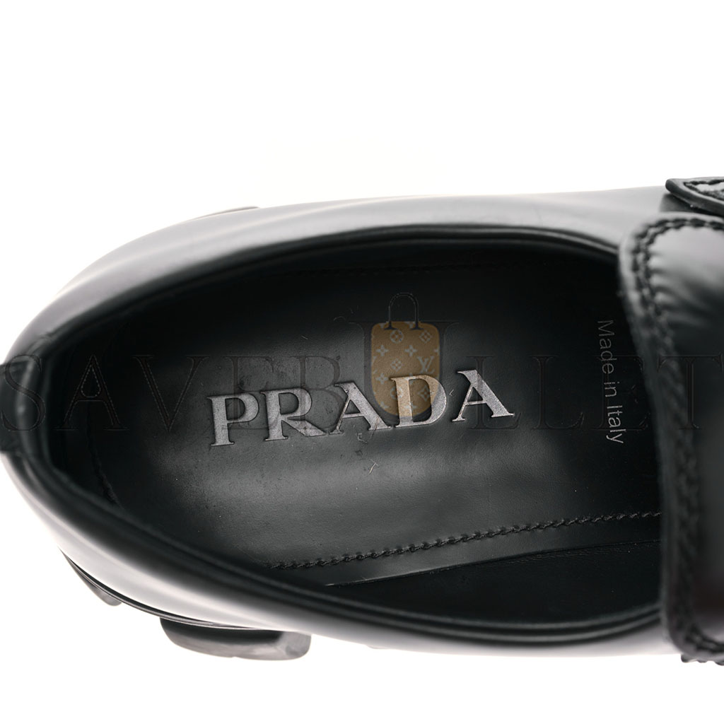 PRADA SPAZZOLATO ROIS METAL TRIANGLE LOGO MENS MONOLITH 55MM LOAFERS 6 BLACK PRADA SPAZZOLATO ROIS METAL TRIANGLE LOGO MENS MONOLITH 55MM LOAFERS 6 BLACK