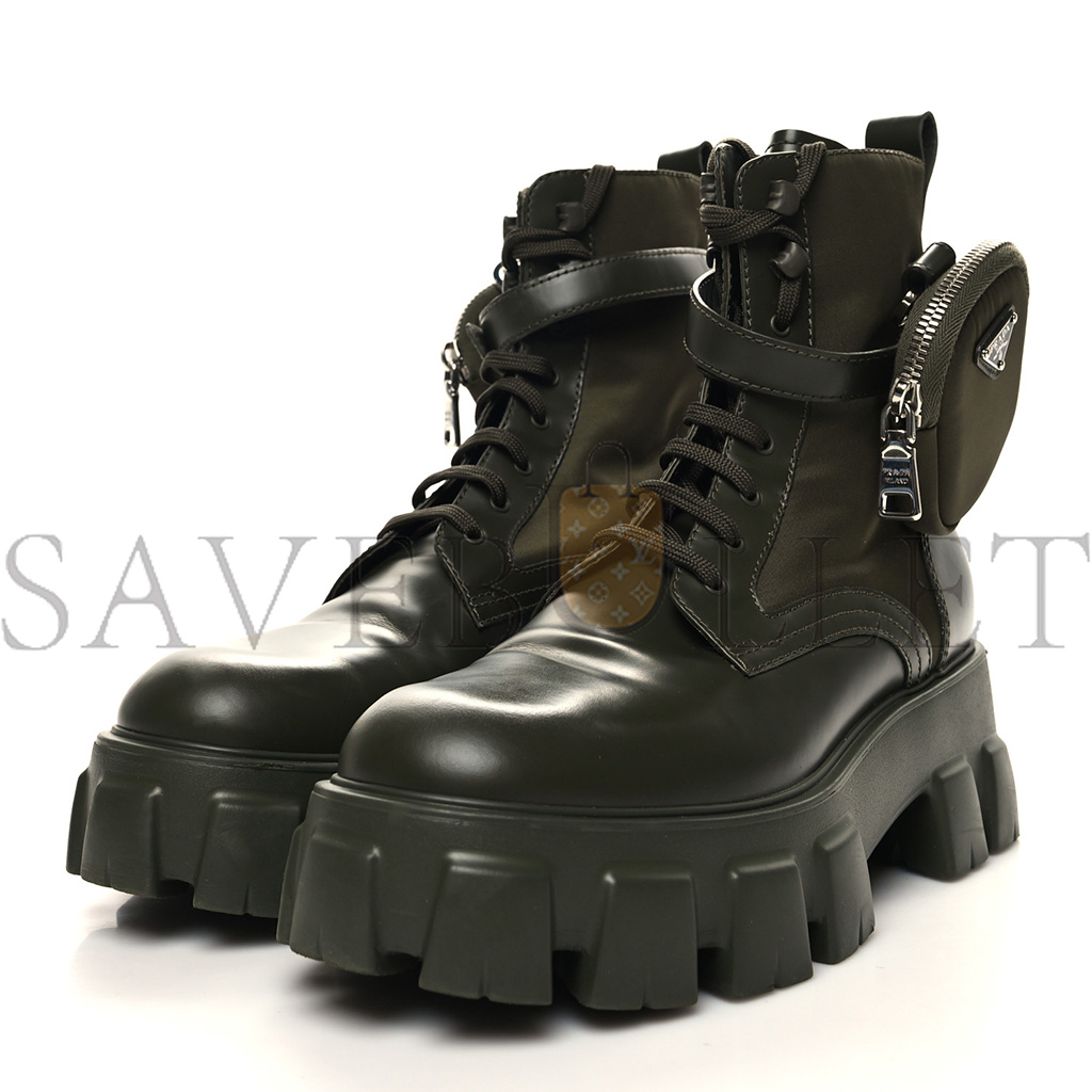 PRADA SPAZZOLATO ROIS RE-NYLON METAL TRIANGLE LOGO MONOLITH POUCH POCKET 55MM BOOTS 40.5 MILITARE PRADA SPAZZOLATO ROIS RE-NYLON METAL TRIANGLE LOGO MONOLITH POUCH POCKET 55MM BOOTS 40.5 MILITARE