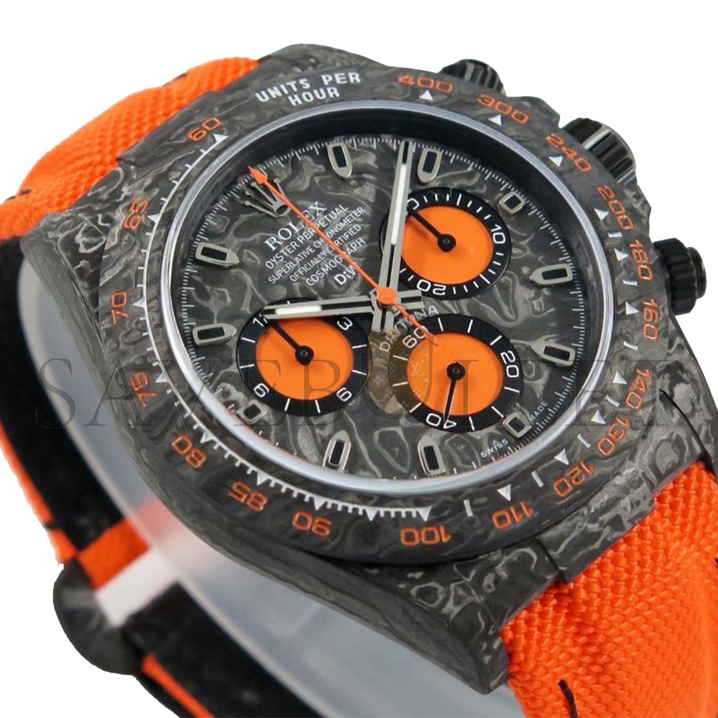 ROLEX DAYTONA DIW CARBON SWISSREPLICA DIAL ORANGE STRAP WATCH CM002-15C