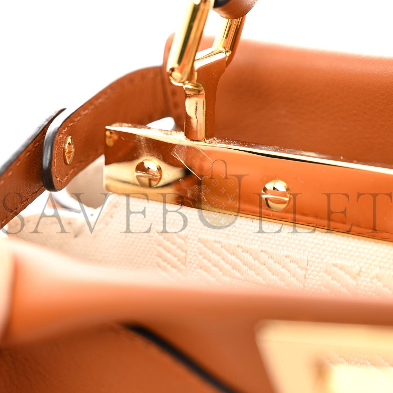 FENDI VITELLO SETA CANVAS FF EMBROIDERED MINI PEEKABOO ICONIC SATCHEL BRANDY GREZZO (23*18*11cm)