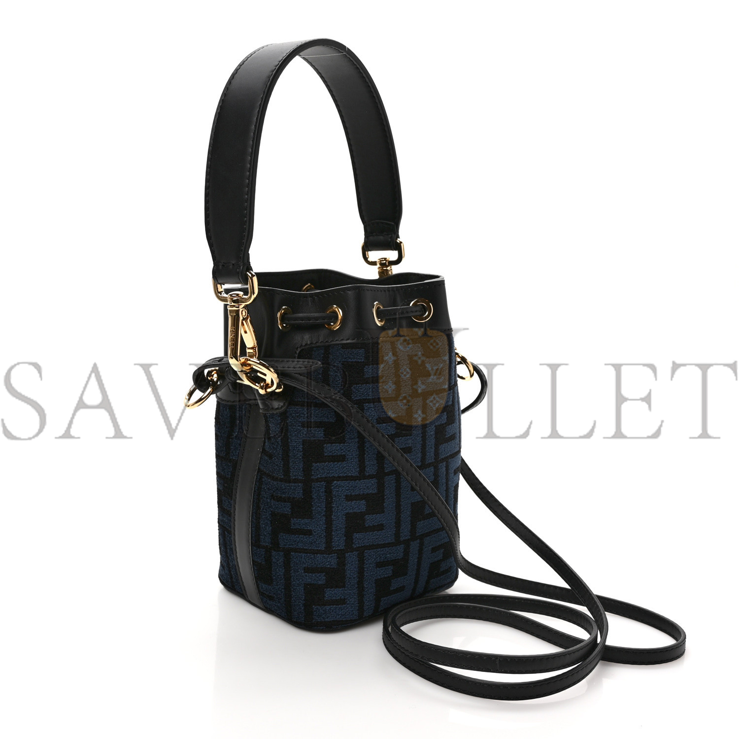 FENDI CHENILLE VITELLO KING FF MINI MON TRESOR BUCKET BAG BLUE BLACK (18*11*10cm)