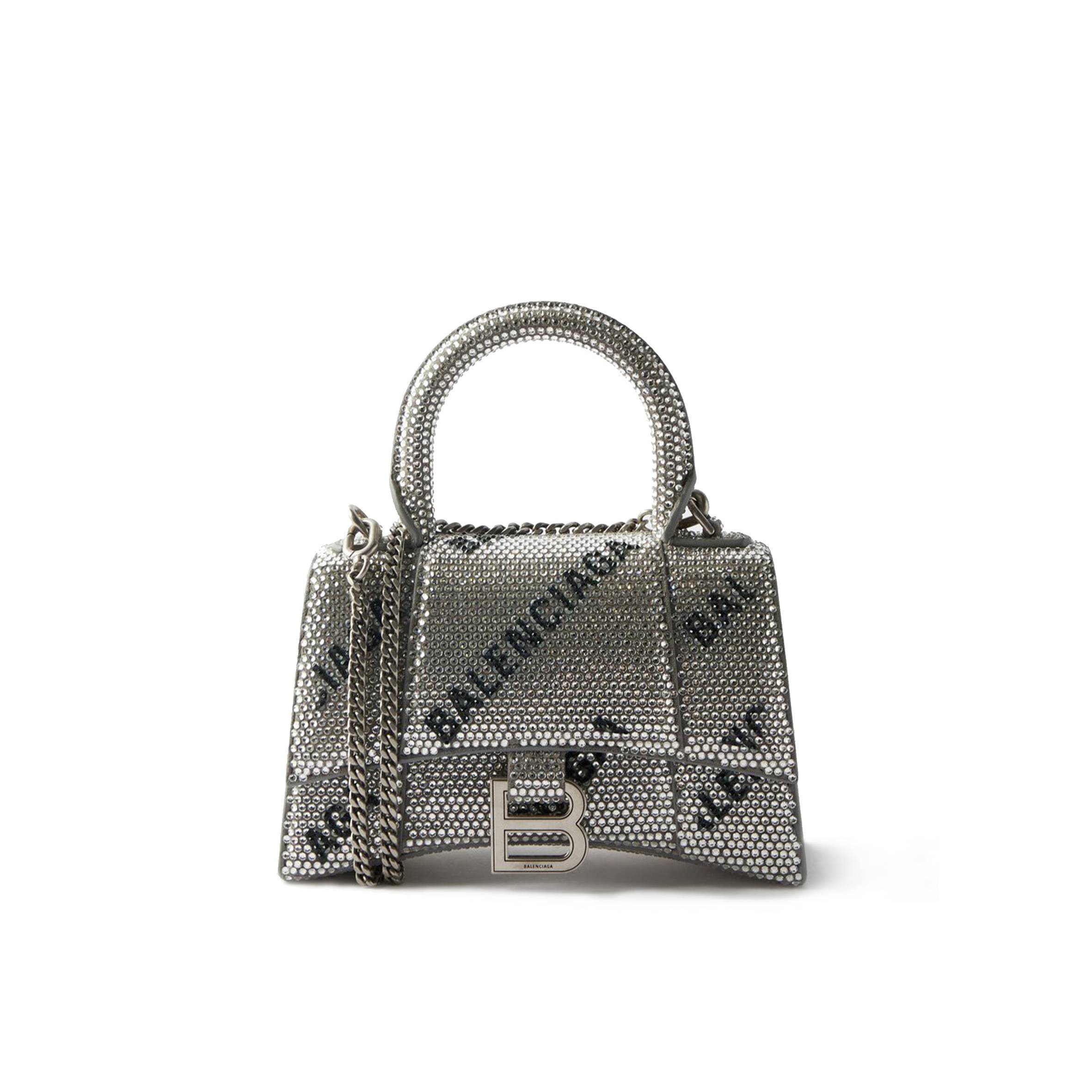 BALENCIAGA SILVER HOURGLASS XS CRYSTAL-EMBELLISHED LEATHER BAG MATCHESFASHION US (19*12*6.6cm)