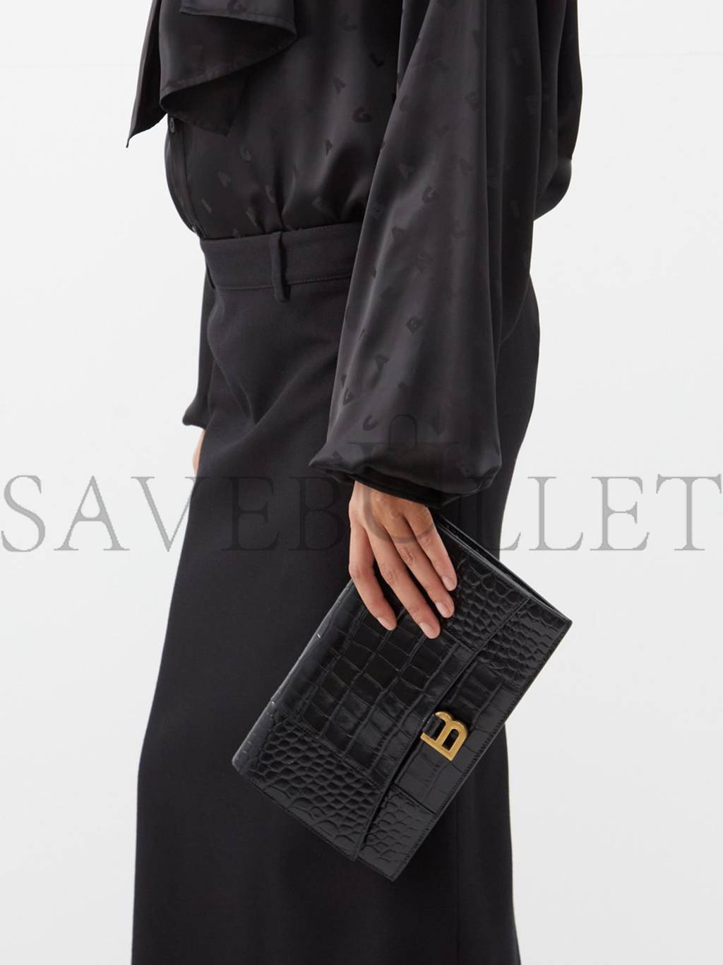 BALENCIAGA BLACK HOURGLASS CROCODILE-EFFECT LEATHER CLUTCH BAG  MATCHESFASHION US (27*16*2cm)