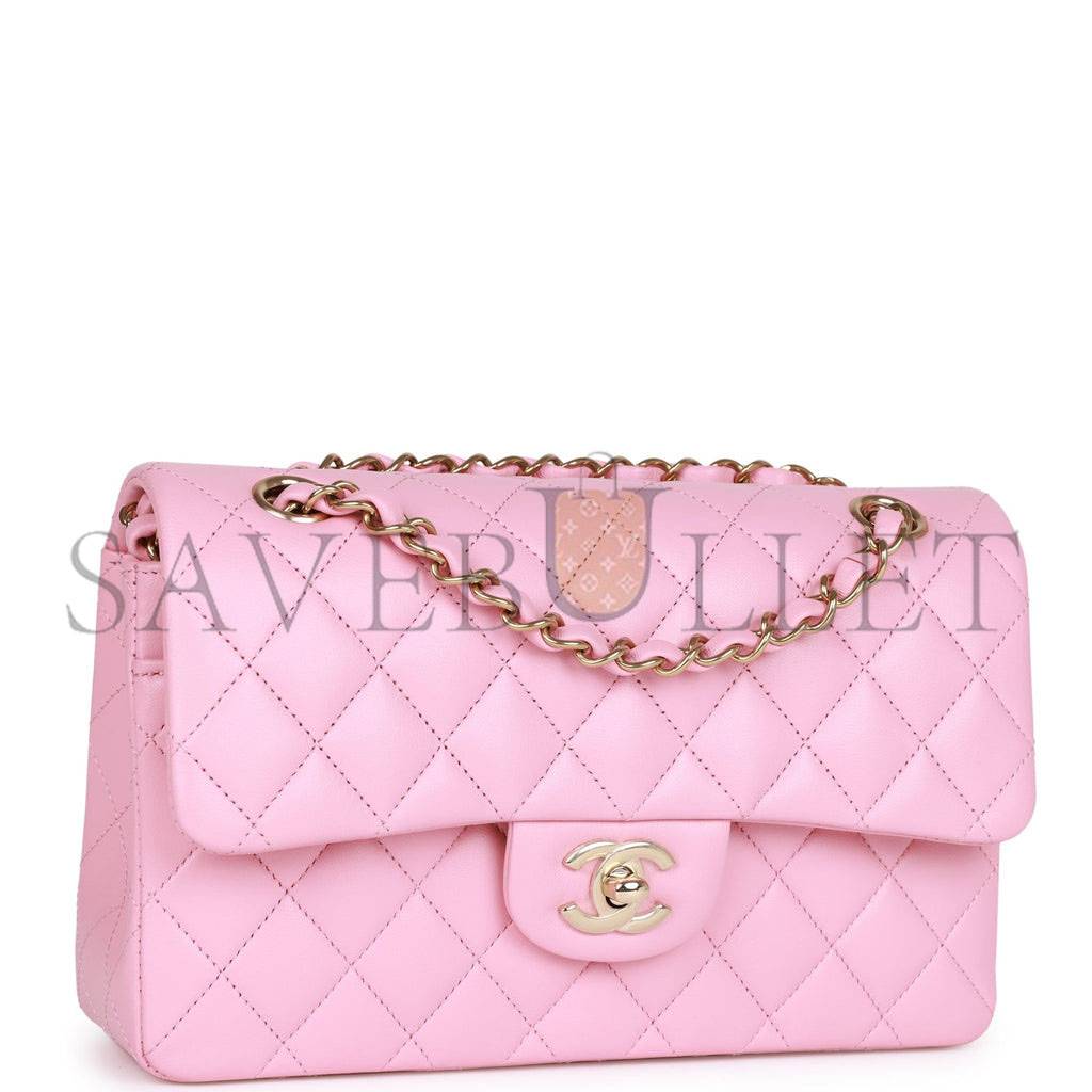 CHANEL SMALL CLASSIC DOUBLE FLAP PINK LAMBSKIN LIGHT GOLD HARDWARE (23*13*6cm)