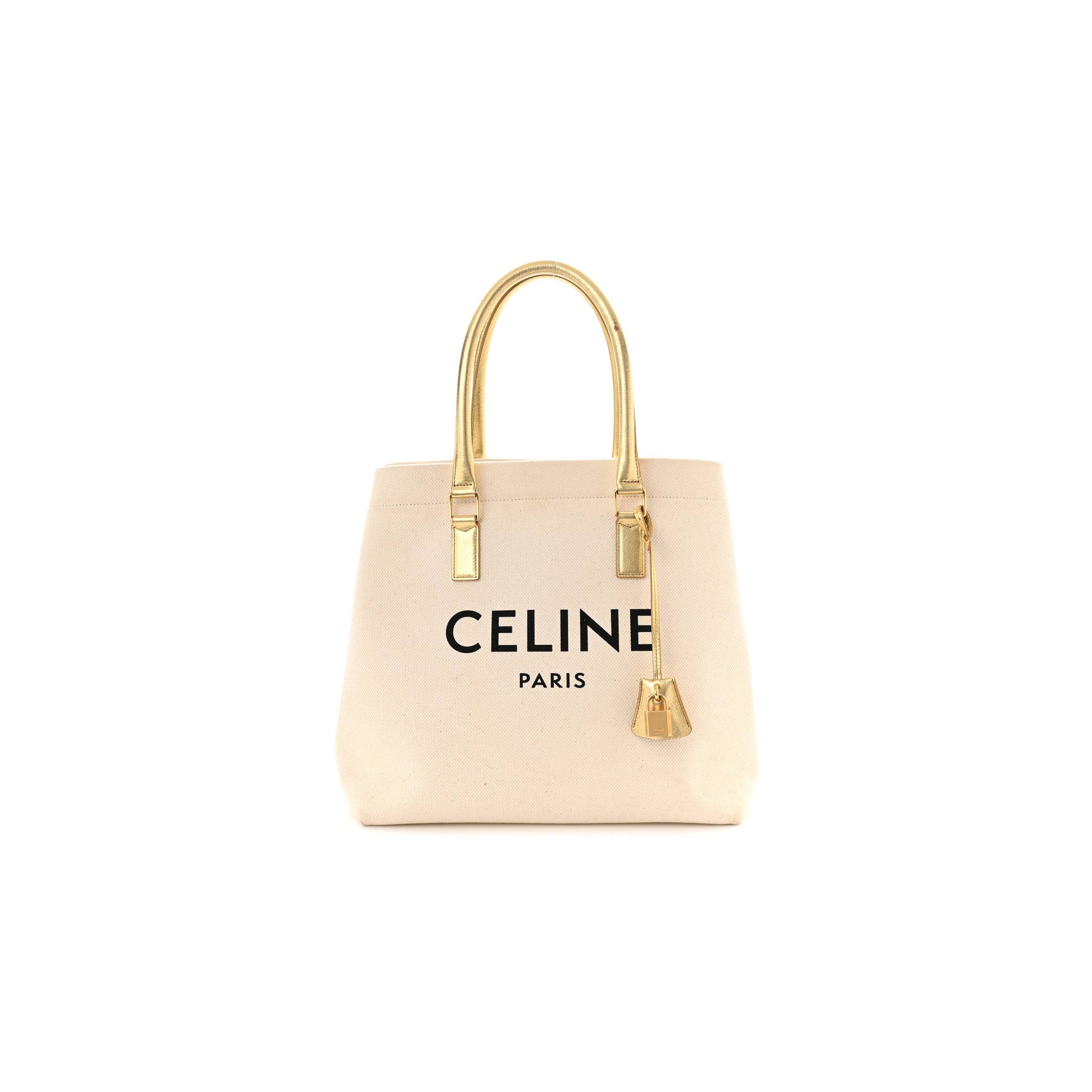 CELINE CANVAS CALFSKIN LOGO PRINT SMALL HORIZONTAL CABAS GOLD (34*33*20cm)